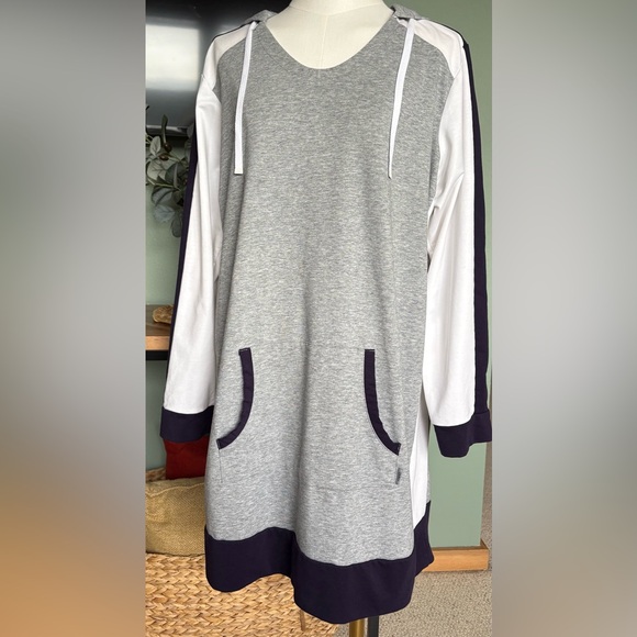 DKNY Color-Block Hooded Relaxed Shirt/Dress in Heather Gray, Blue & White w Pkt - Picture 8 of 10